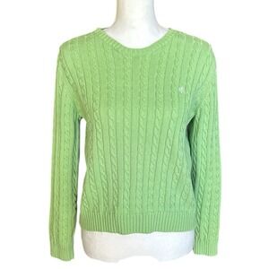 Vtg Lauren RALPH LAUREN Women M Bright Green Cable Knit Cotton Sweater Crew Neck